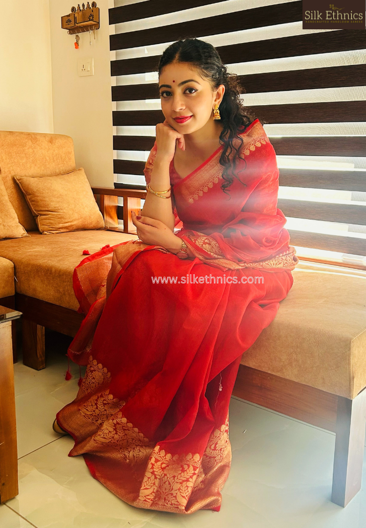 Festive Red Srija Banarasi linen saree