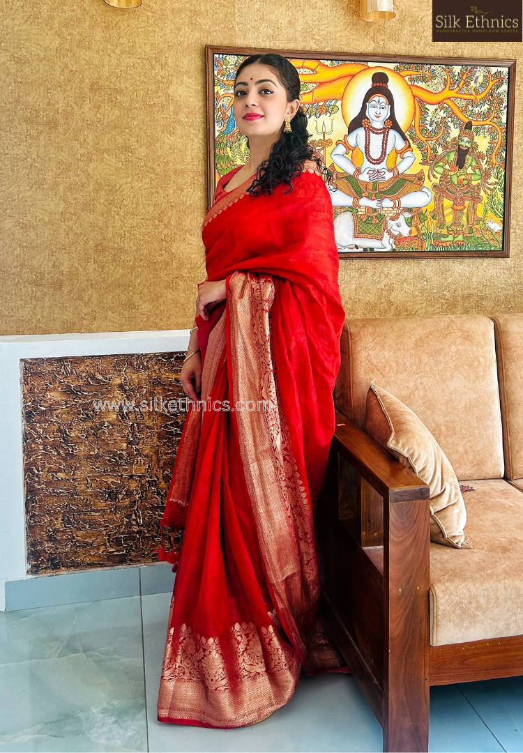 Festive Red Srija Banarasi linen saree