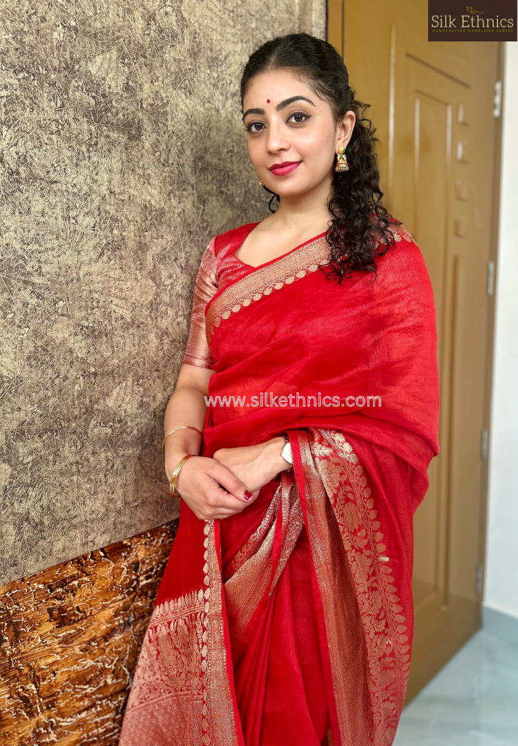 Festive Red Srija Banarasi linen saree