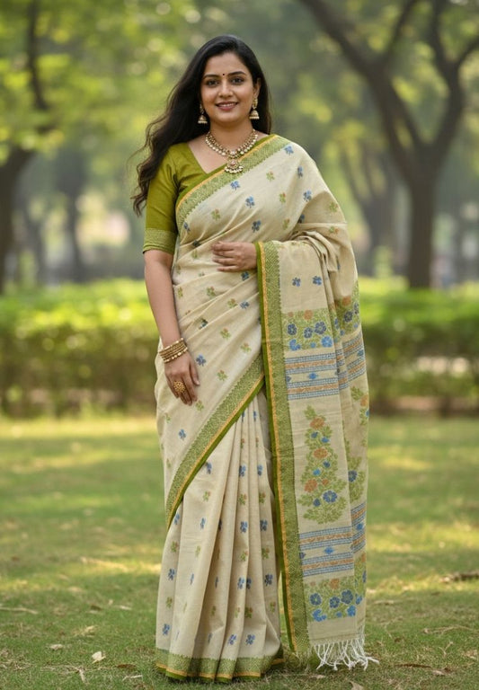 Graceful Green Traditional Tangail Bengal Handweaving saree