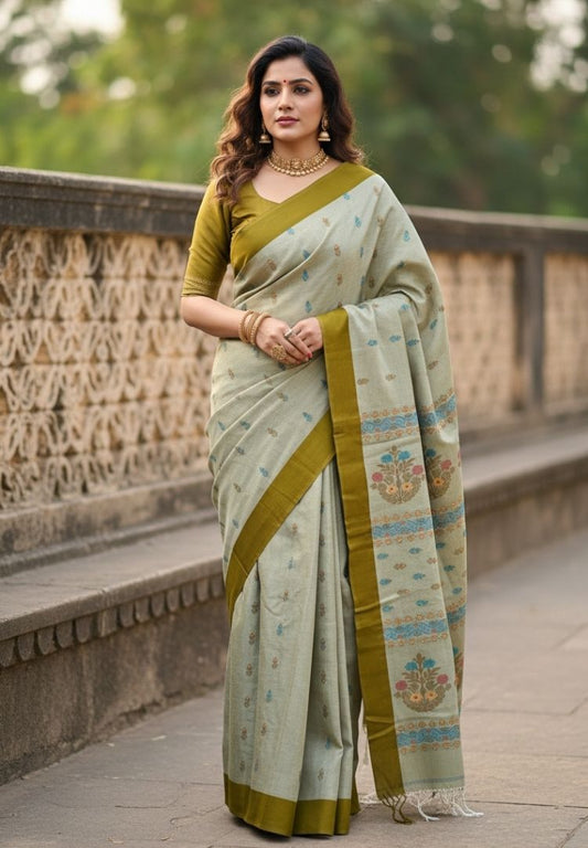Olive Green Traditional Tangail Bengal Handweaving saree