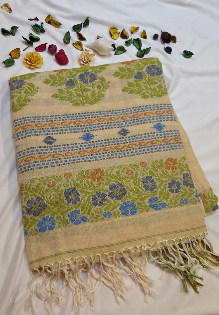 Graceful Green Traditional Tangail Bengal Handweaving saree