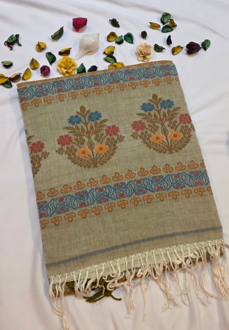 Olive Green Traditional Tangail Bengal Handweaving saree