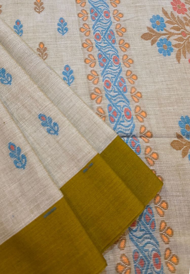 Olive Green Traditional Tangail Bengal Handweaving saree