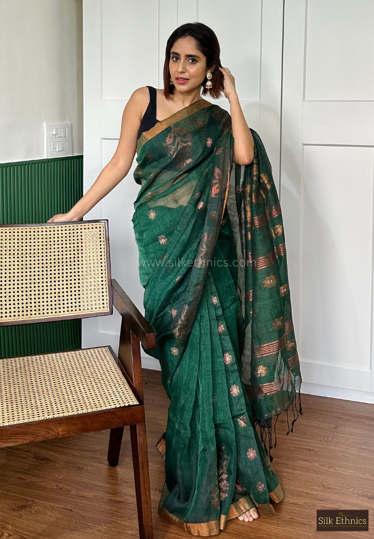 Forest green Tara linen saree