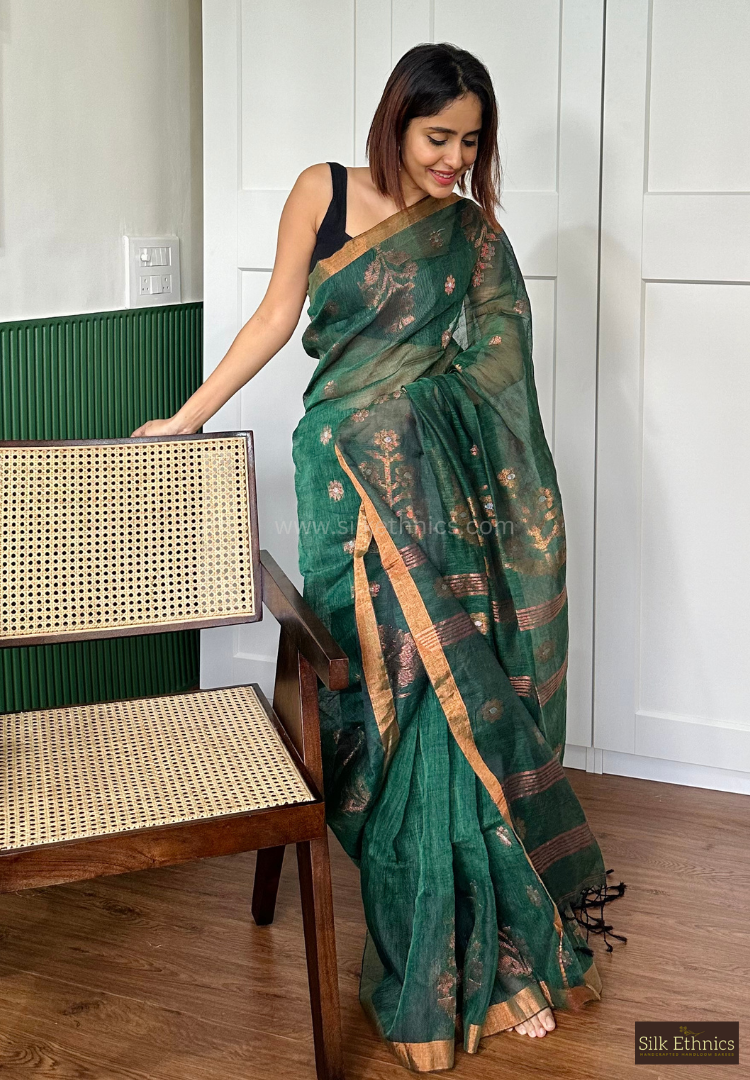 Forest green Tara linen saree