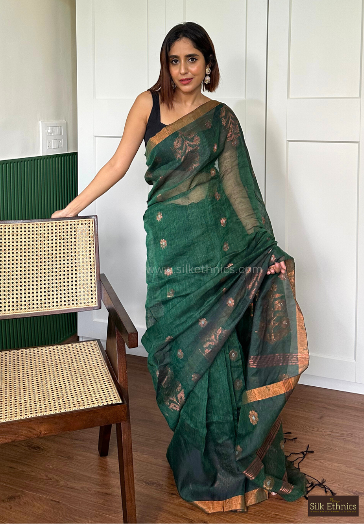 Forest green Tara linen saree