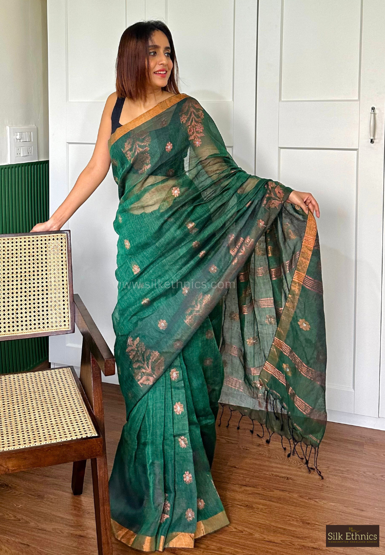 Forest green Tara linen saree