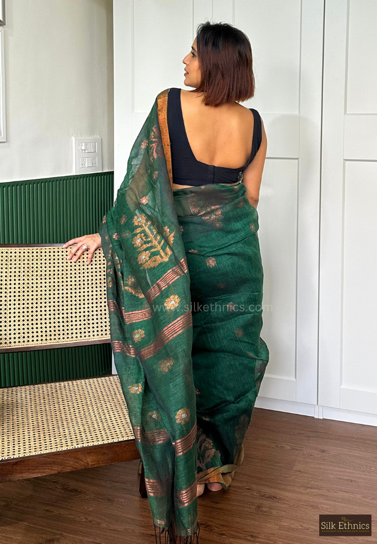 Forest green Tara linen saree