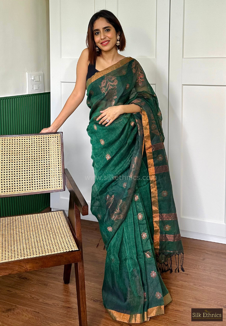 Forest green Tara linen saree