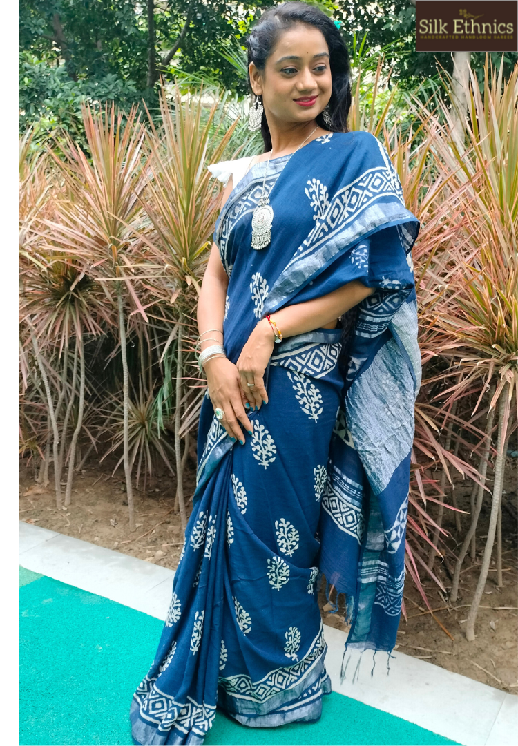 Indigo blue blockprinted Linen cotton saree