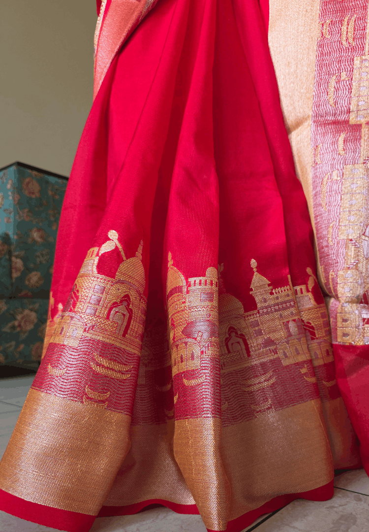 Classic red Ganga Ghat Banarasi silk saree