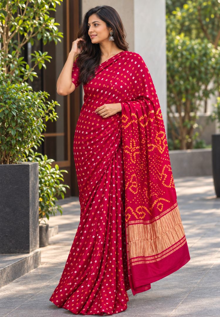 Vibrant Red Tanvi modal silk Bandhej saree