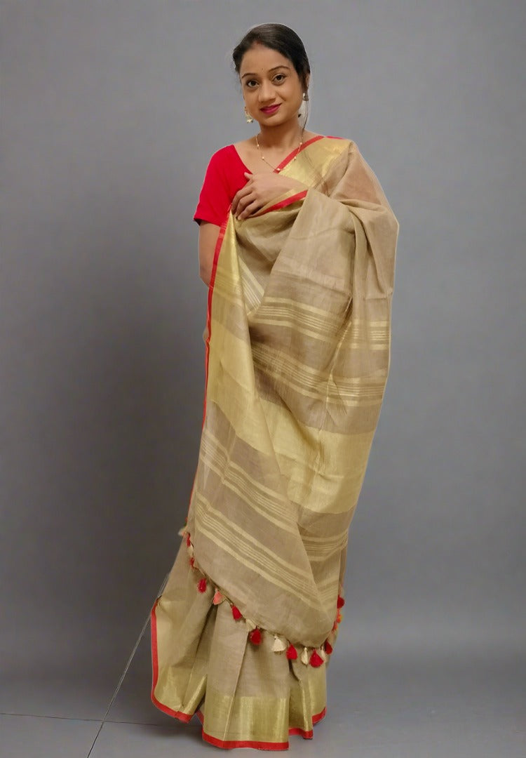 Beige and Red Varnika Linen saree