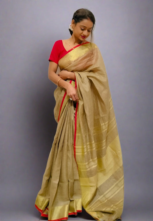 Beige and Red Varnika Linen saree