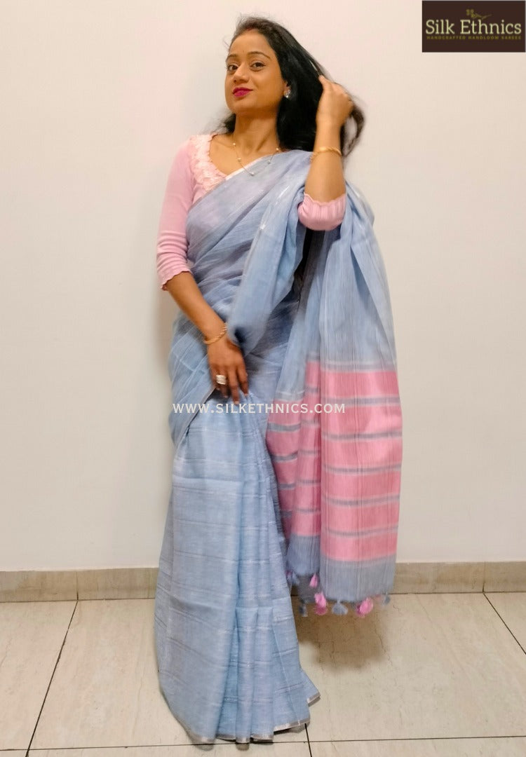 Powder blue and pink Varnika linen saree