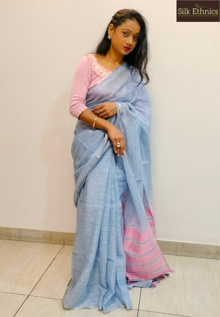 Powder blue and pink Varnika linen saree