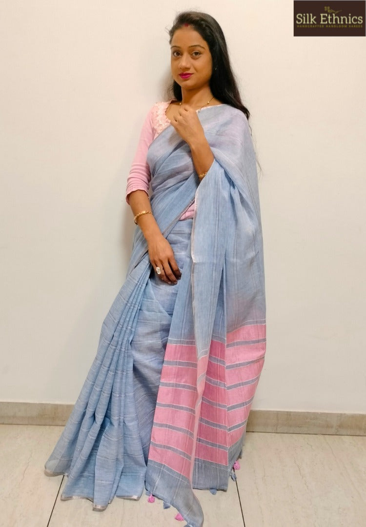 Powder blue and pink Varnika linen saree