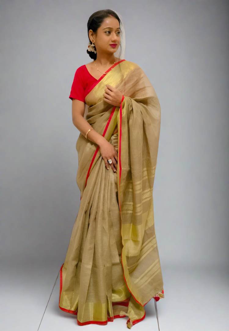 Beige and Red Varnika Linen saree