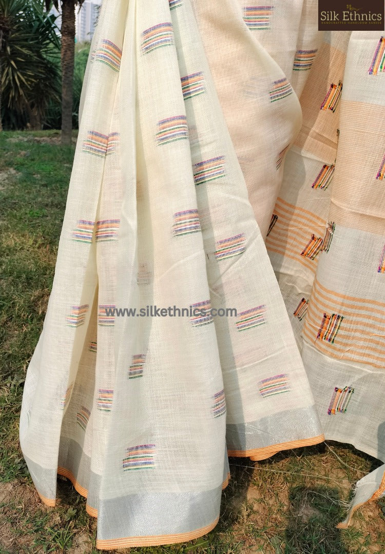 Off-white handloom slub linen saree