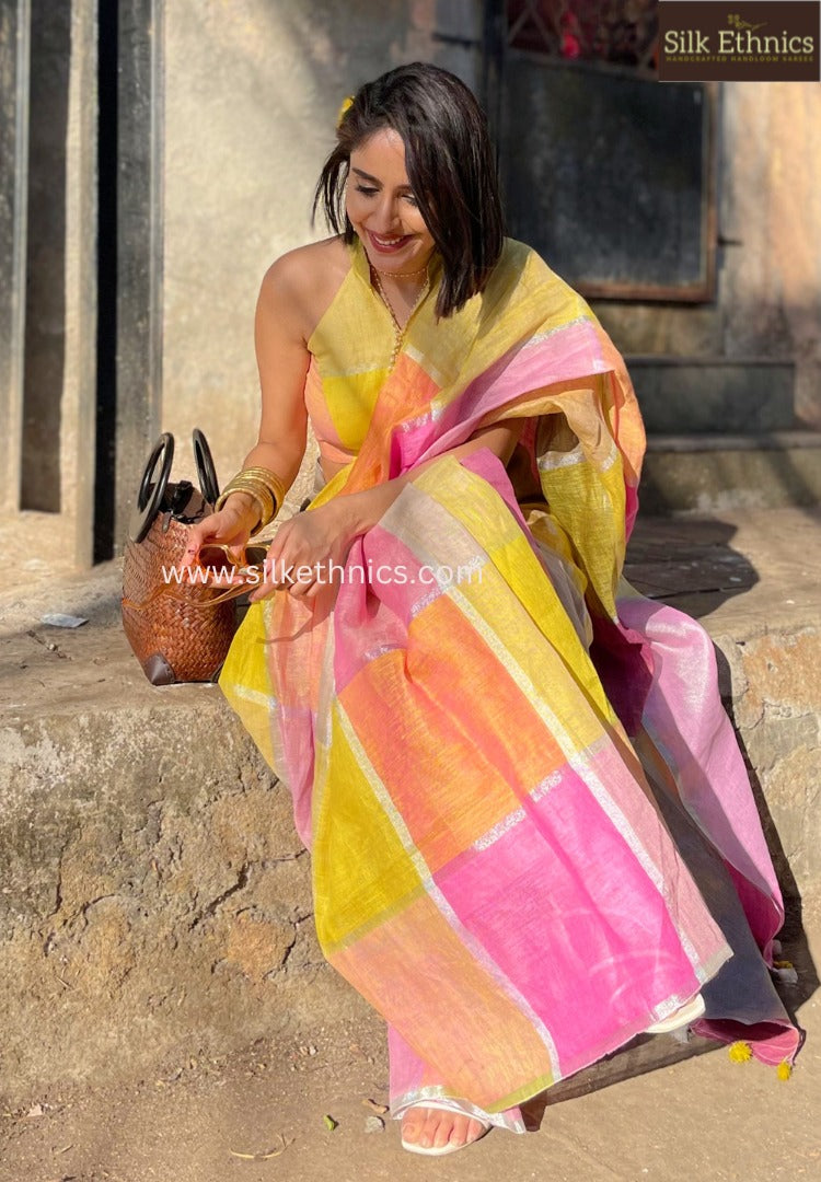 Helenium Sarees Pastel Petals Varnika linen handloom saree – Silk Ethnics