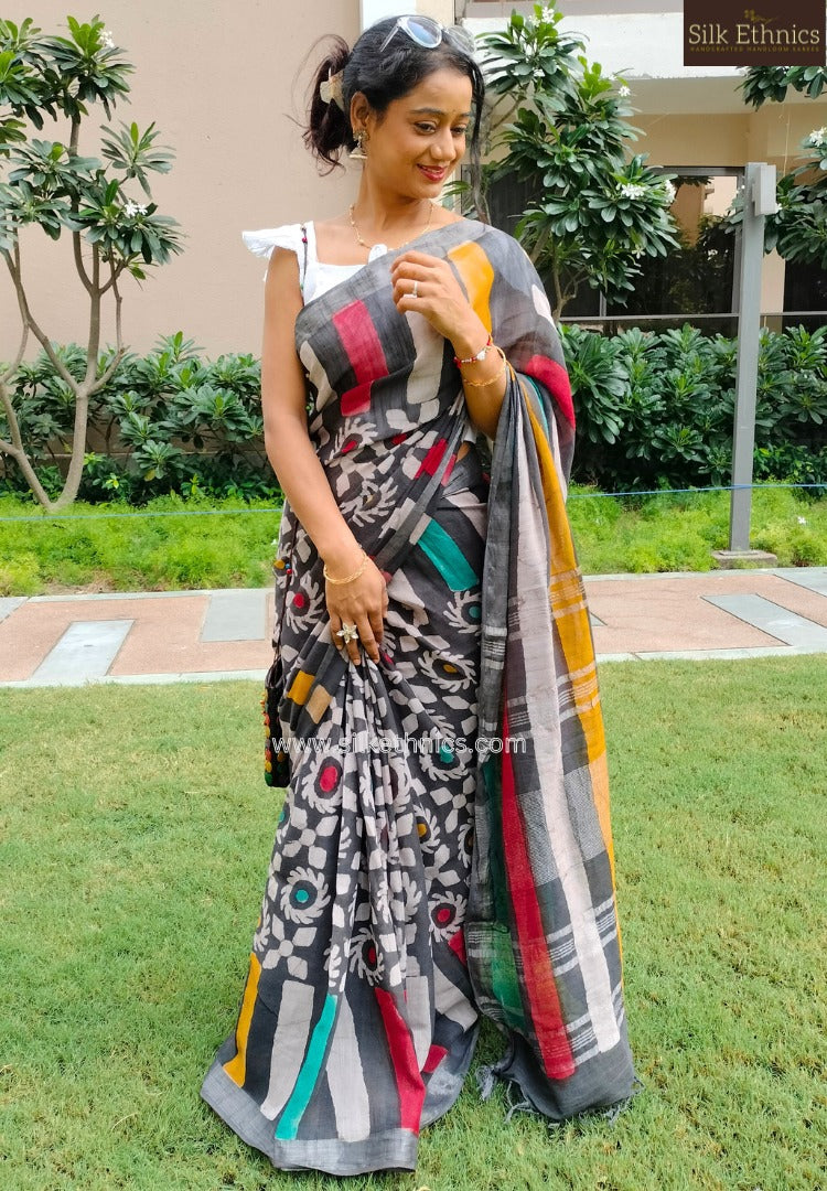 Midnight Mosaic blockprinted Linen saree