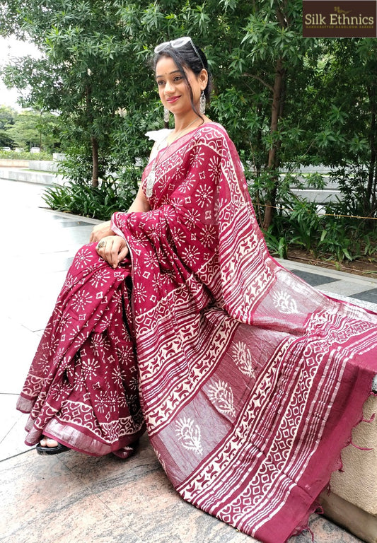 Rich maroon Linen cotton saree