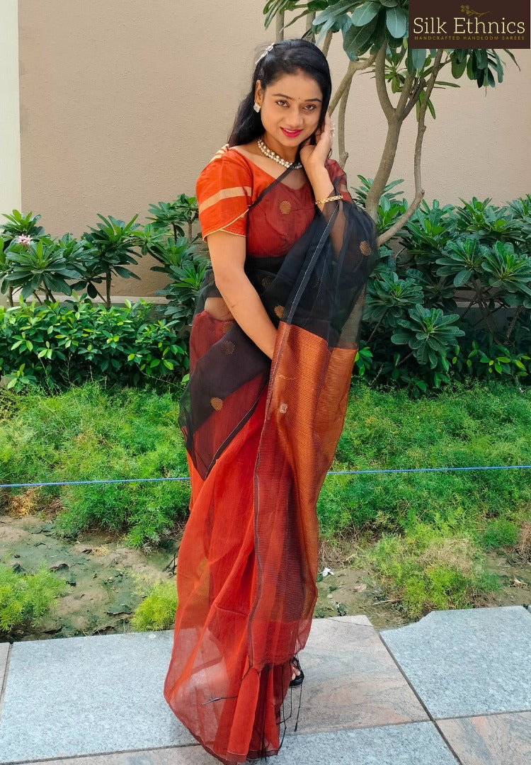 Rust orange half matka muslin saree