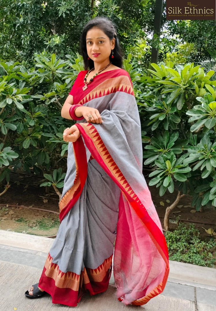 Silver grey and red cotton saree