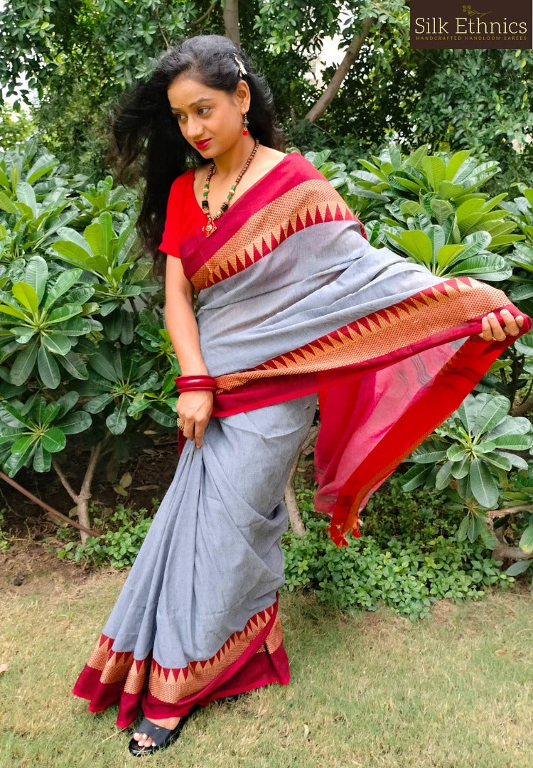 Silver grey and red cotton saree