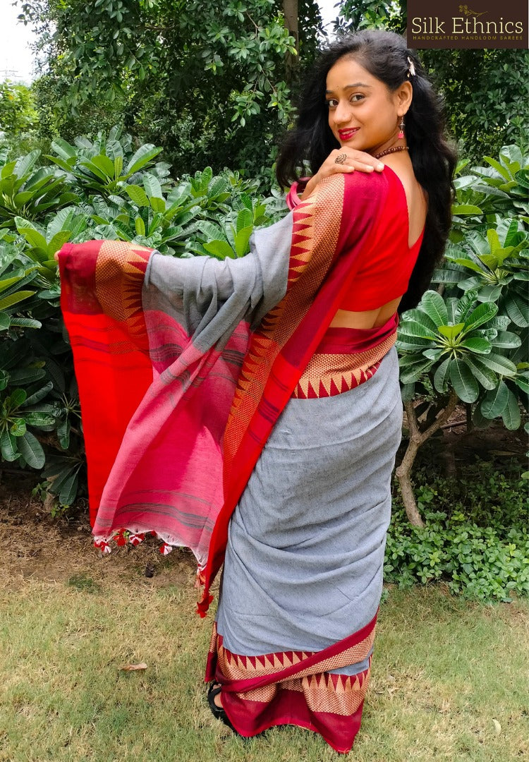 Silver grey and red cotton saree