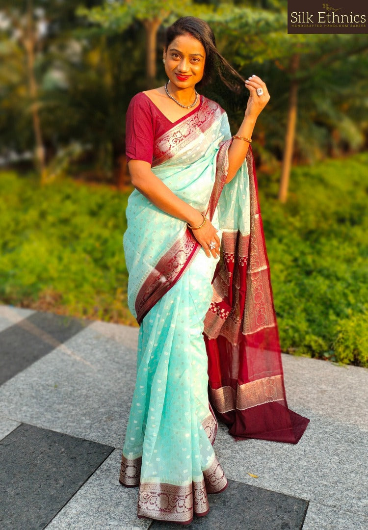 Turquoise blue Banarasi silk saree