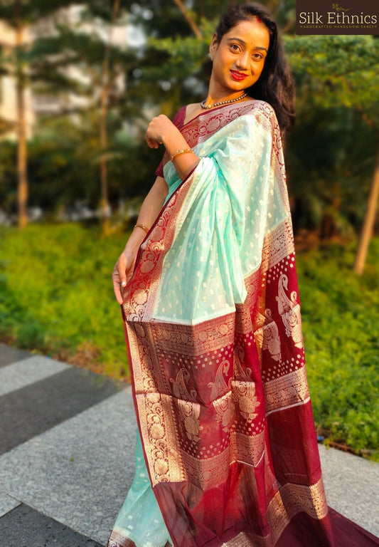 Turquoise blue Banarasi silk saree