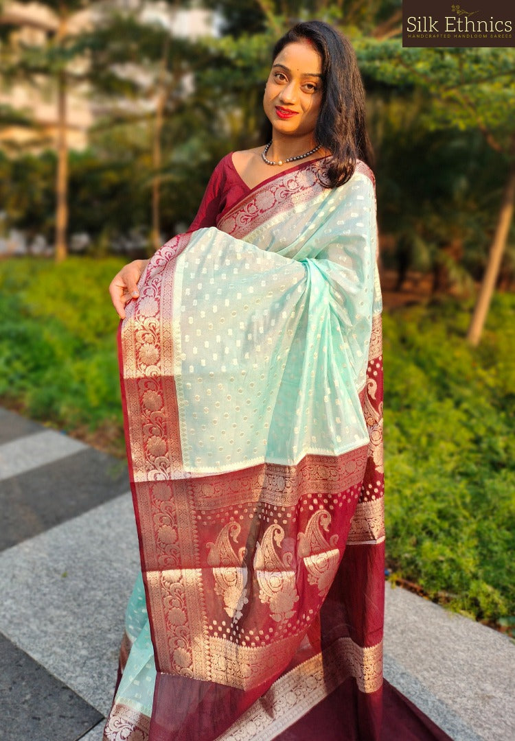 Turquoise blue Banarasi silk saree