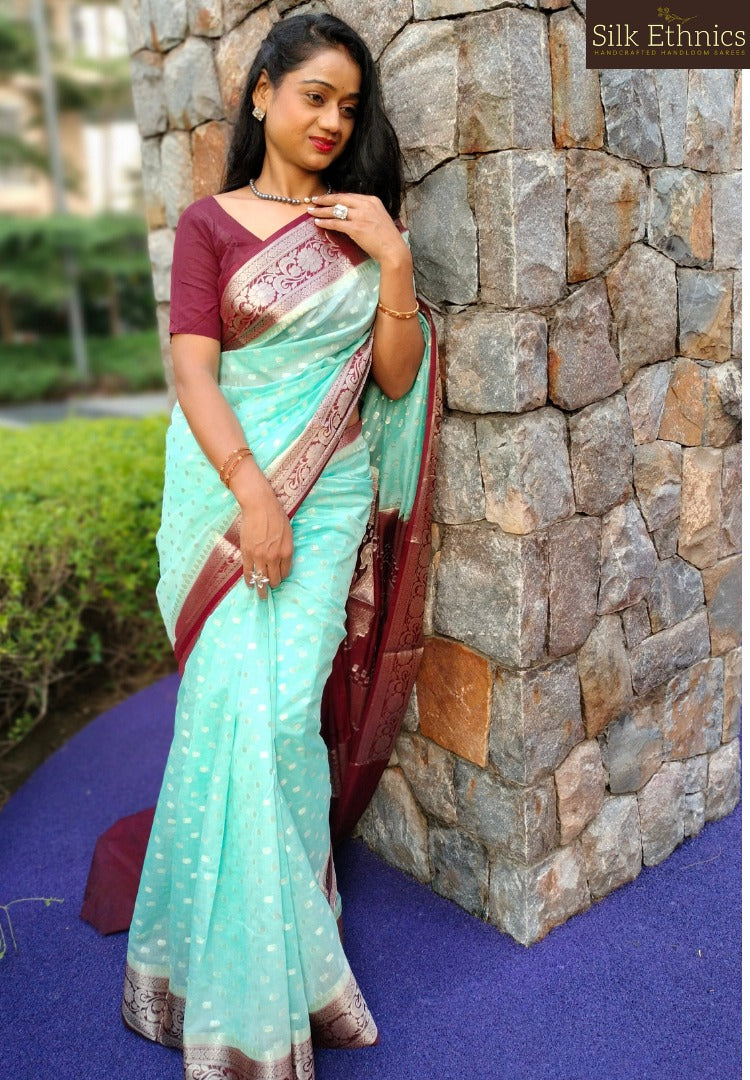 Turquoise blue Banarasi silk saree