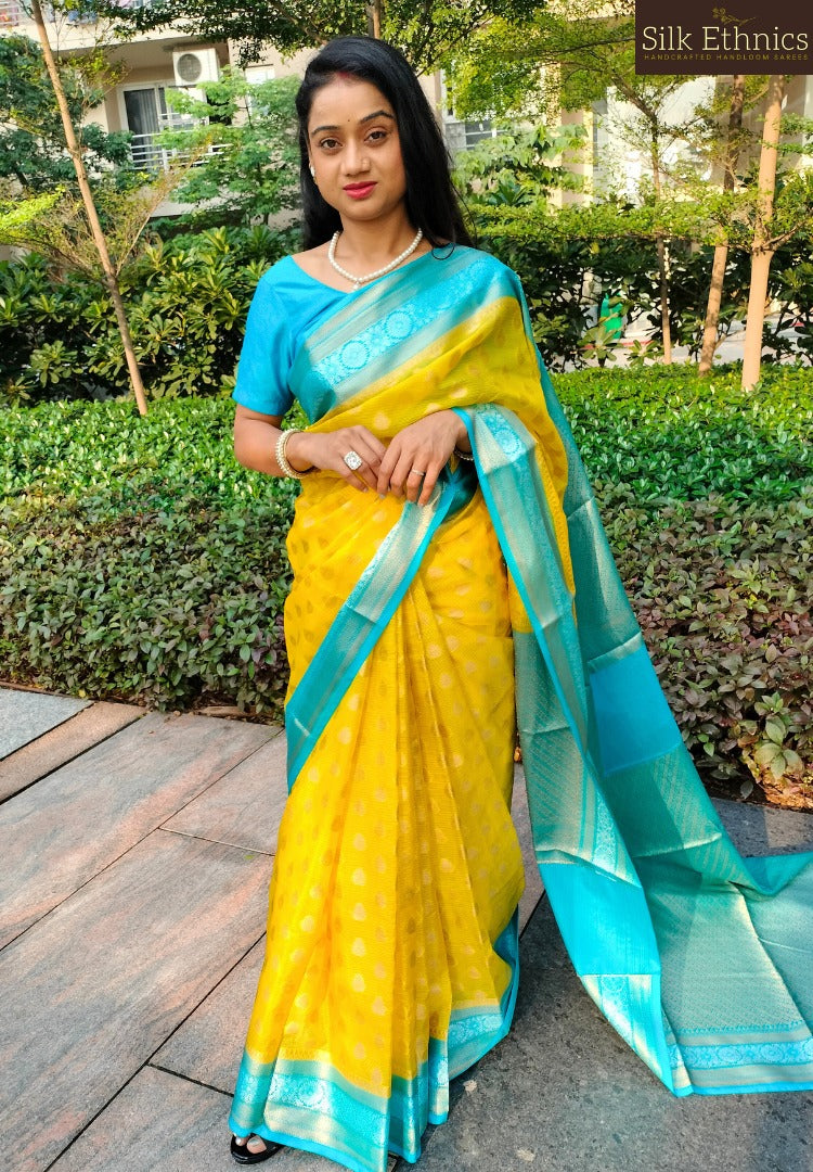 Golden yellow Banarasi Kota checks saree