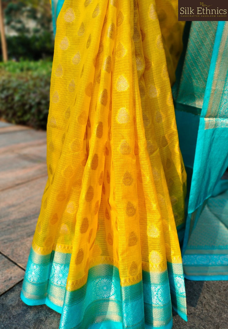 Golden yellow Banarasi Kota checks saree