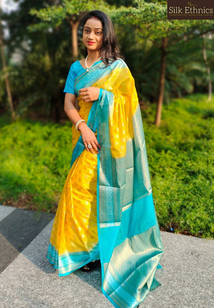 Golden yellow Banarasi Kota checks saree