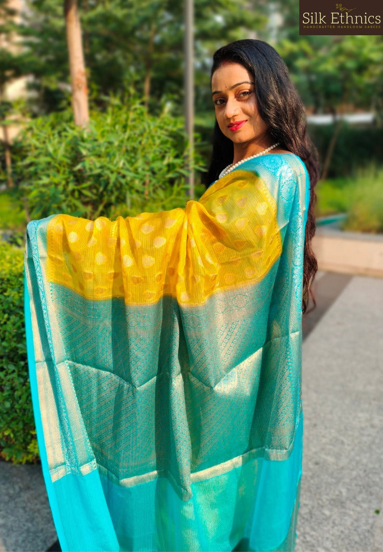 Golden yellow Banarasi Kota checks saree