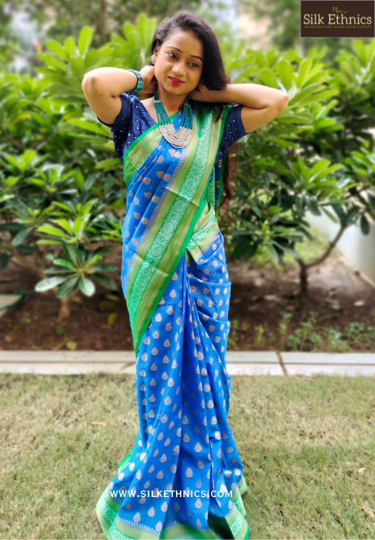 Ocean blue green Banarasi Kota checks saree