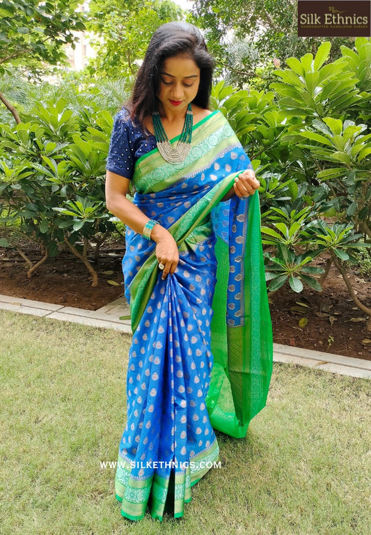 Ocean blue green Banarasi Kota checks saree