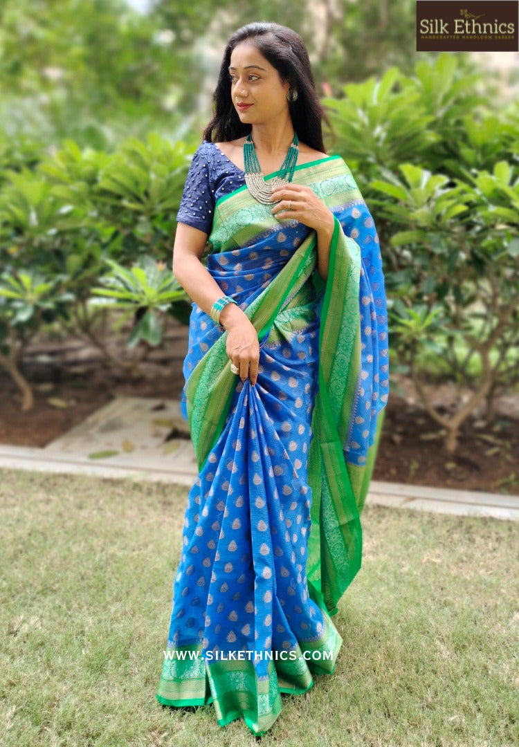 Ocean blue green Banarasi Kota checks saree