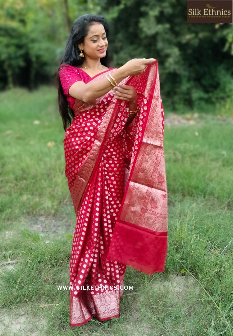 Rich crimson red Banarasi silk saree