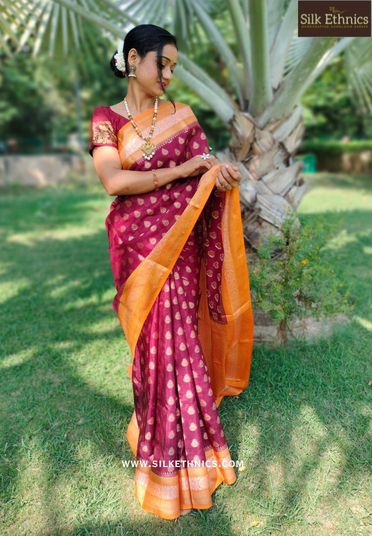 Royal maroon Kota checks banarasi saree