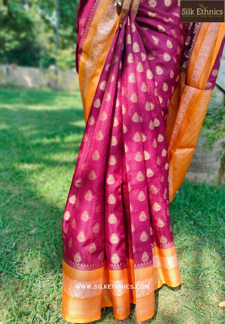 Royal maroon Kota checks banarasi saree