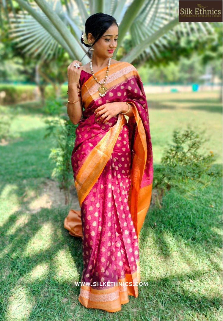 Royal maroon Kota checks banarasi saree