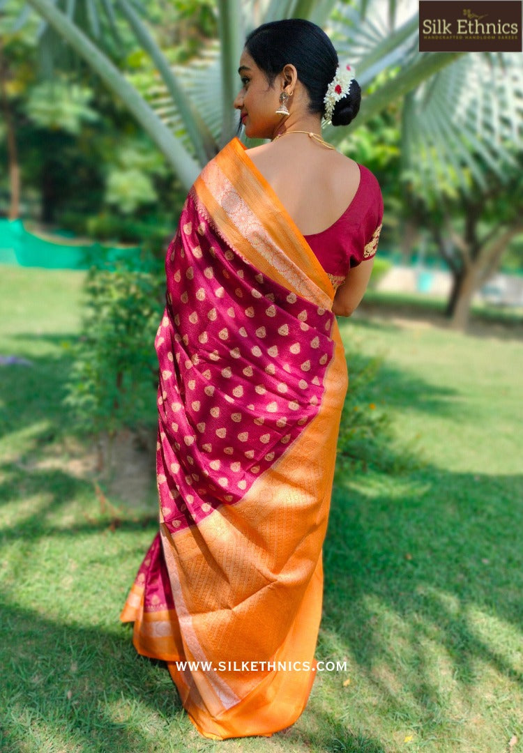 Royal maroon Kota checks banarasi saree