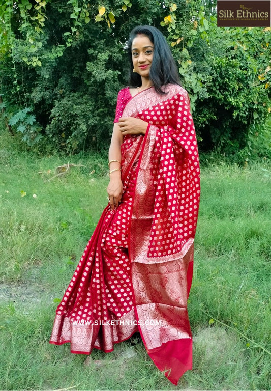 Rich crimson red Banarasi silk saree