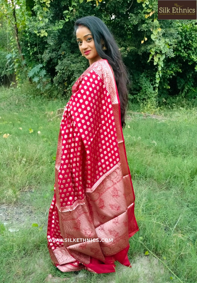 Rich crimson red Banarasi silk saree