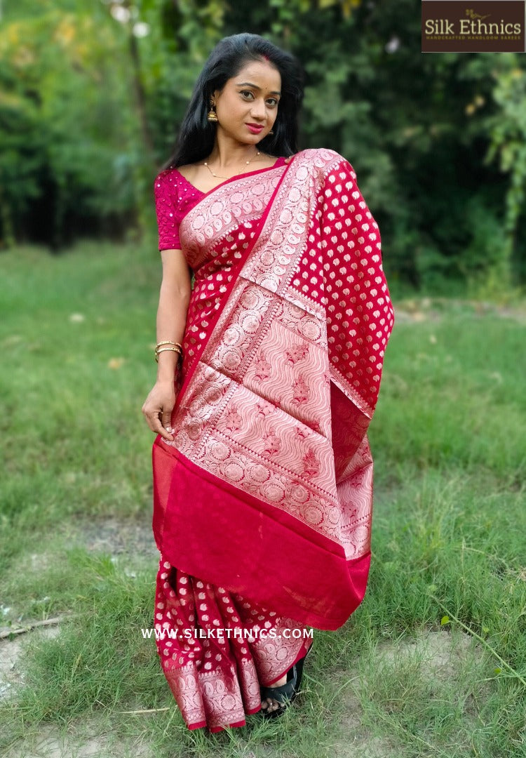 Rich crimson red Banarasi silk saree